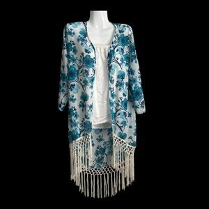 Dolce Bonita Blue Floral Kimono with Fringe sz L